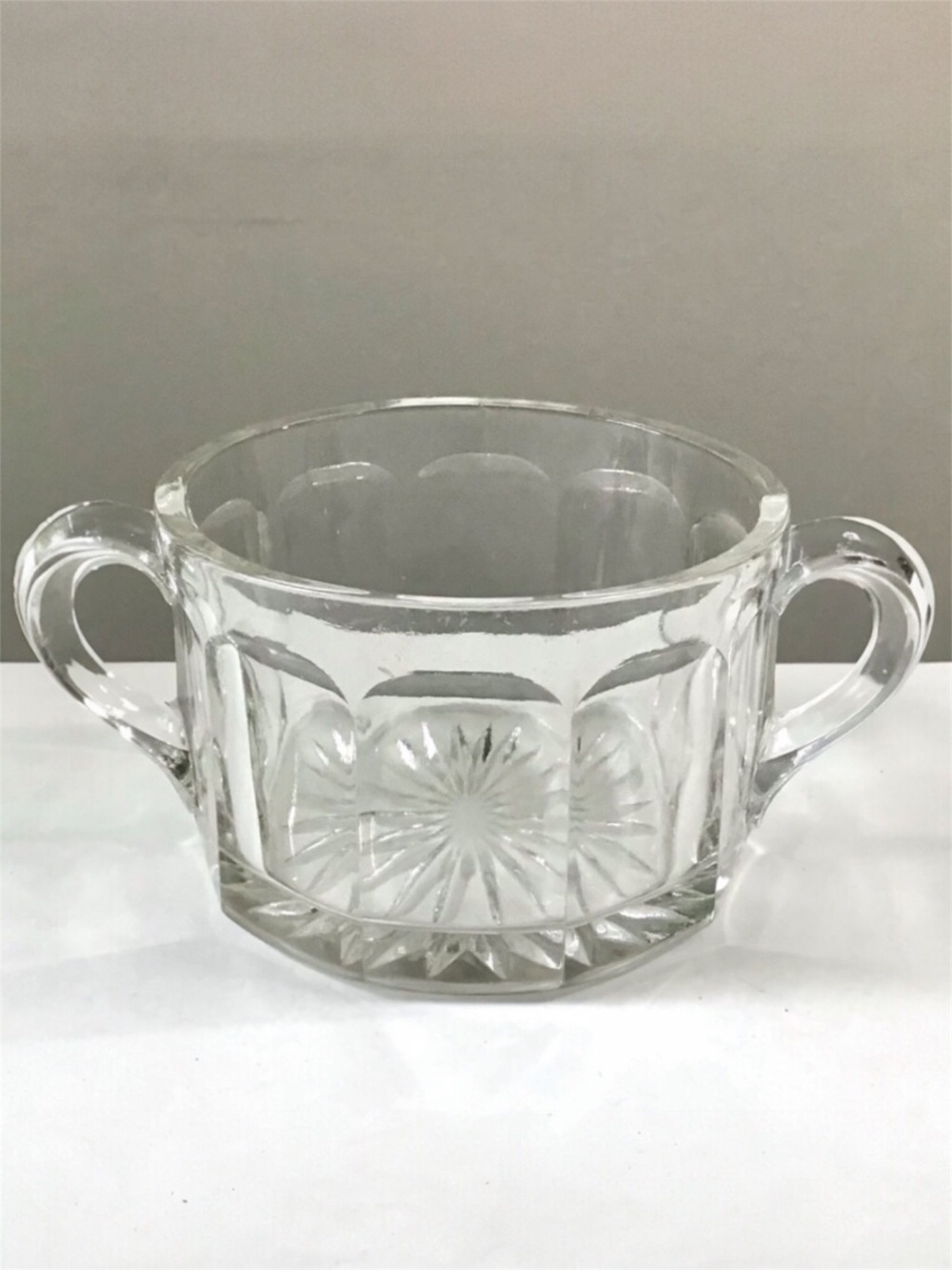 Vintage Sugar Bowl Clear Pressed Glass Two Handles Starburst Bottom Open Top